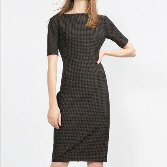 Zara Checkered Gingham Shift Dress Large Black Green Tartan Pencil Half Sleeve - Picture 2 of 15